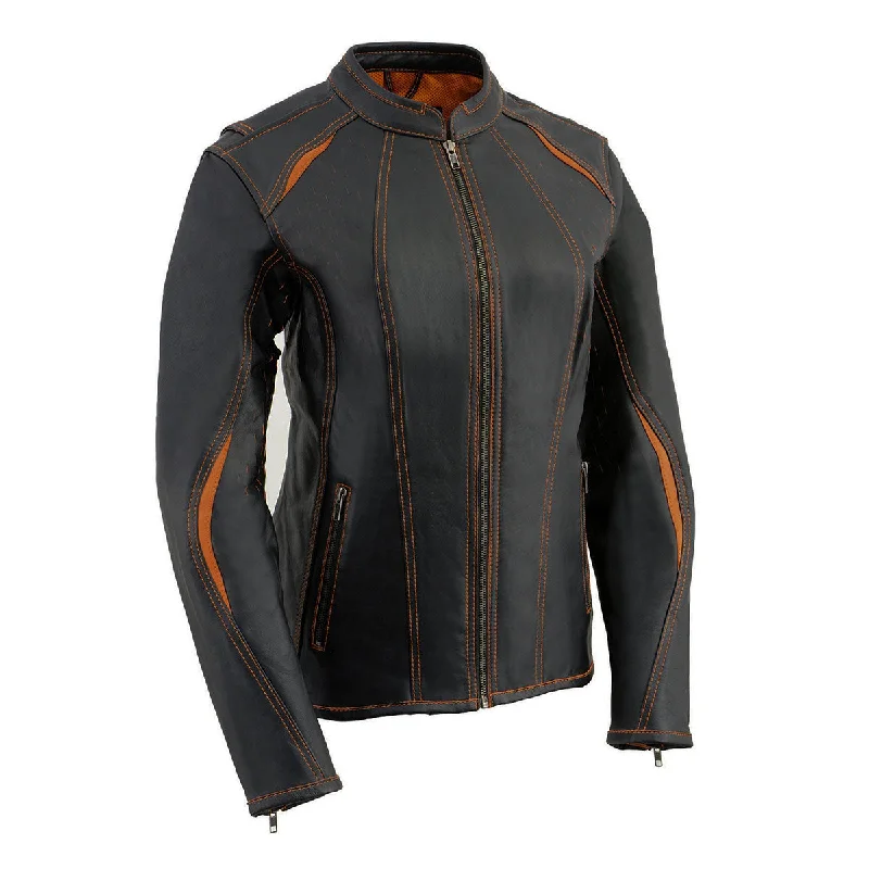 Milwaukee Leather MLL2502 Women's 'Laser Cut' Distressed Black and Orange Scuba Style Racer Jacket