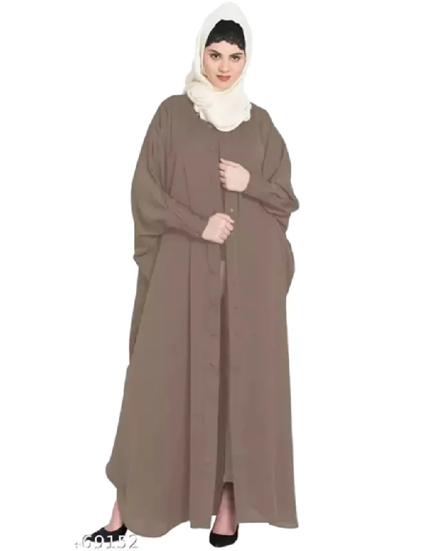 Muslimah Open-Front Kaftan with Self-Buttoned Cuffs and Butterfly Design In the Color Brown