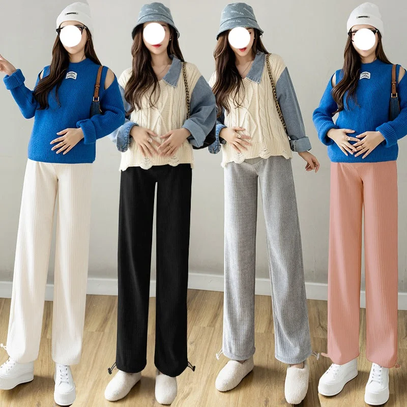 NiDELL Maternity Pants . Spring and Autumn Outer Wear Fashion Casual Straight-Leg Drawstring Smooth Ankle-Length Pants Spring Chenille New Pants