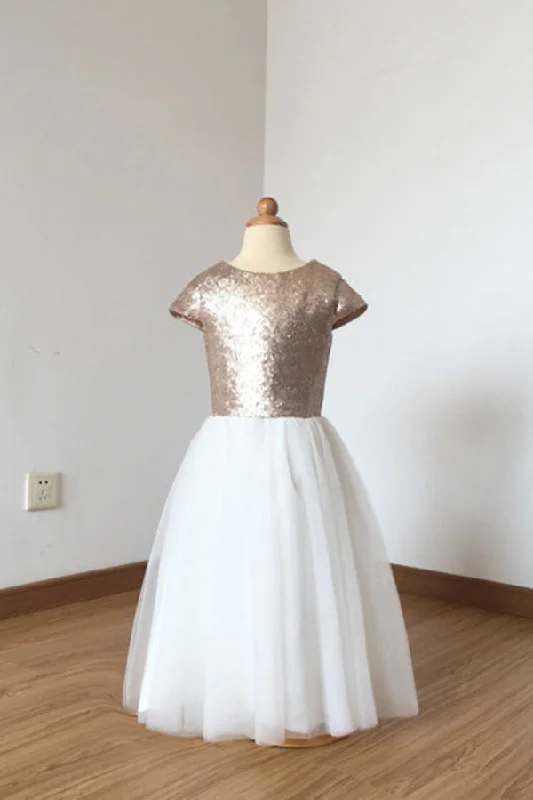 A Line Cap Sleeves Sequin Ivory Tulle Floor Length Flower Girl Dress F018