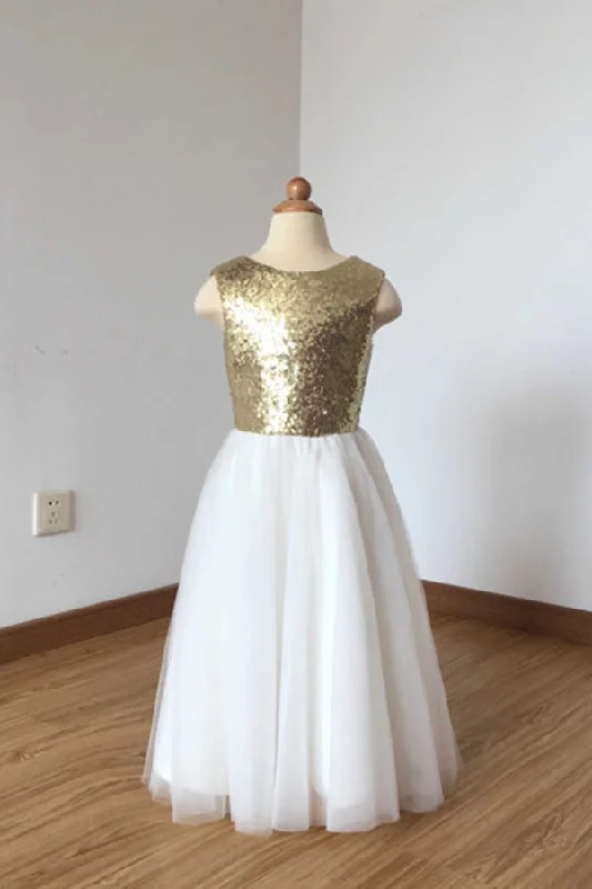 A Line Floor Length Ivory Tulle Flower Girl Dress with Gold Sequin Flower Girl Dress F032 Sequin Party Dress