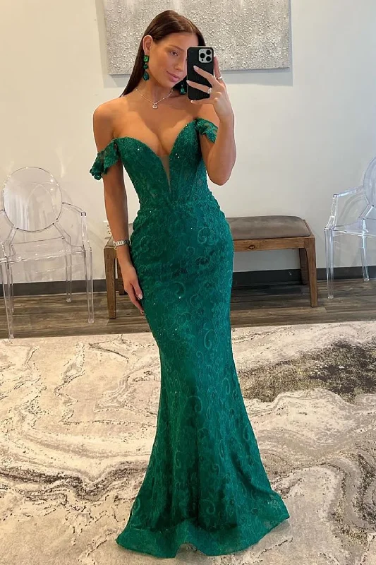 Dark Green Sequin Off The Shoulder Mermaid Sweep Train Prom Dress Sequin Dress Glamour