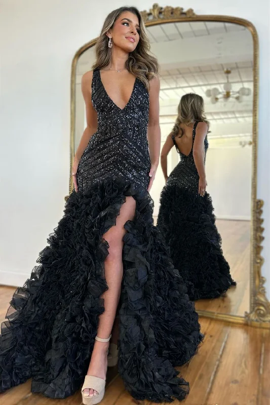 Gorgeous Black Mermaid V-Neck Long Sequin Prom Dress With Ruffles Satin Sequin Dress