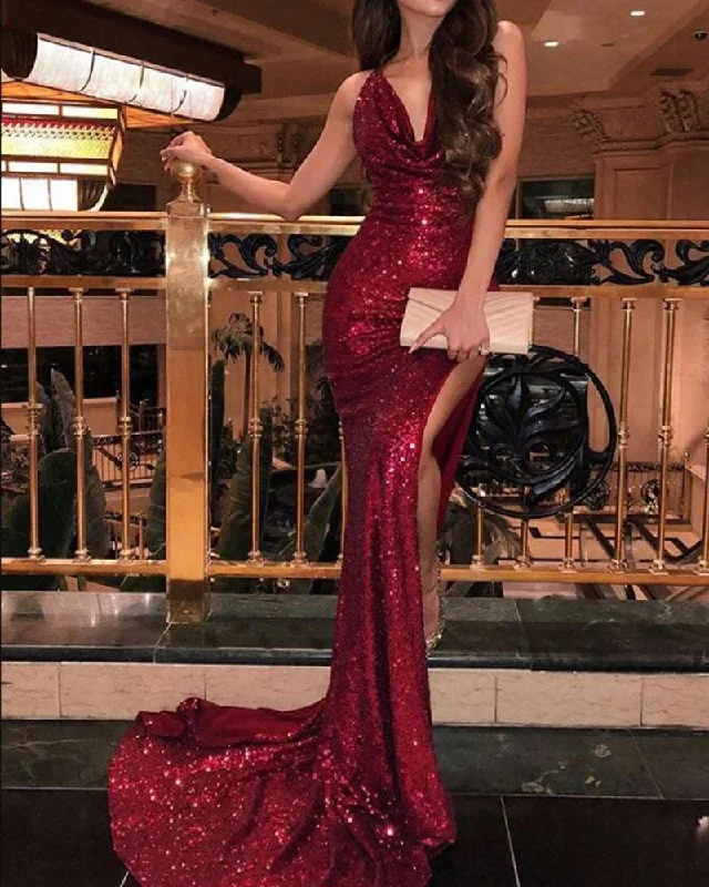 Sexy Mermaid Bling Bling Sequins Evening  Dresses Long with Split burgundy/Gold/Blue PL33650 Formal Sequin Dress