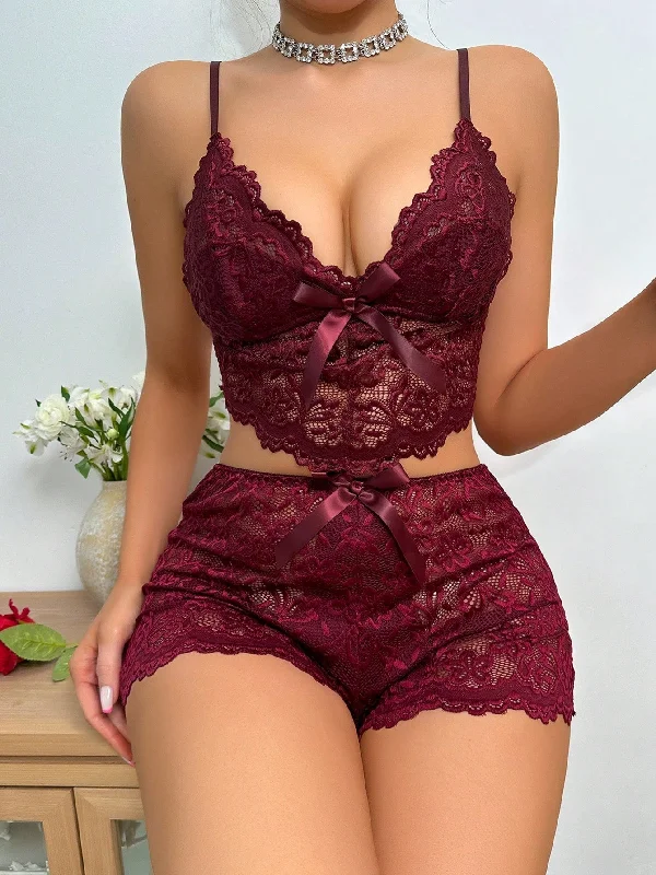 SHEIN Floral Lace Bow Front PJ Set