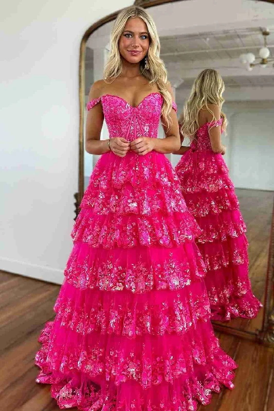 Sparkly Gorgeous A-Line Off The Shoulder Long Prom Dress with Sequin Appliques