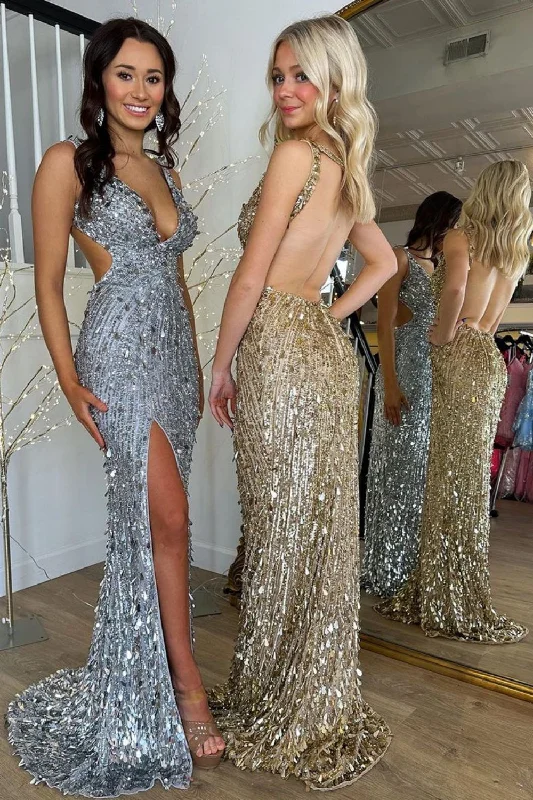 Sparkly Mermaid V Neck Golden/Silver Sequins Long Prom Dress with Split Front Sequin Dress Fit